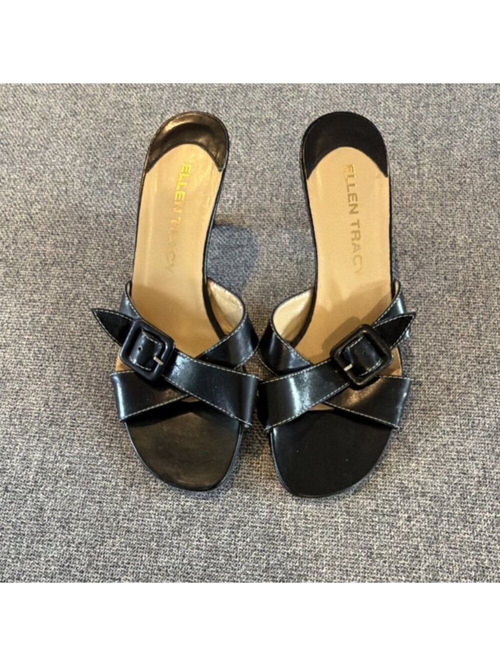 Ellen Tracy Mule Stiletto Heels Black Leather Buckle Strap Open Toe Sz 6 Y2K